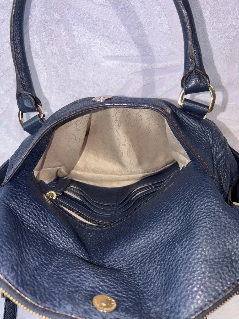 Michael Kors Navy Pebbled Leather Shoulder Bag with Gold Hardware